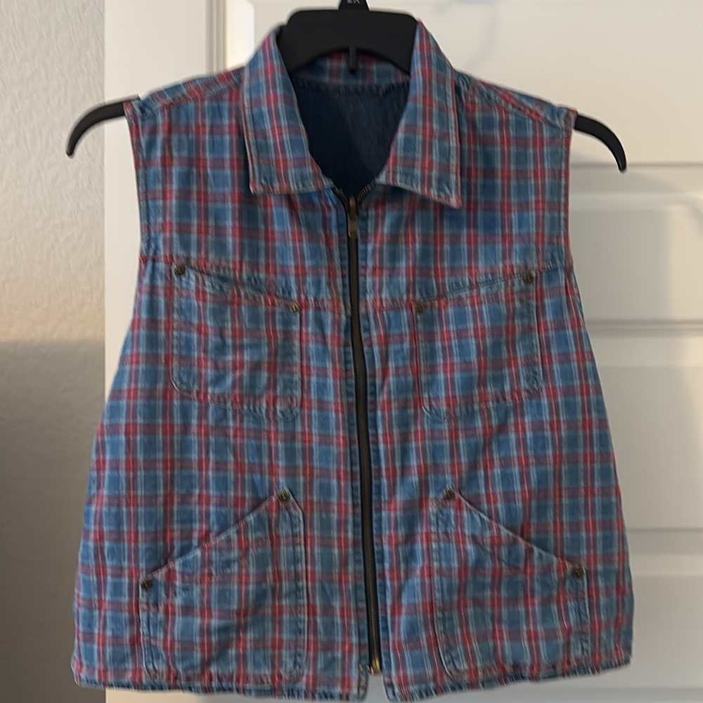 VTG cropped reversible denim jean vest plaid SZ L 100% cotton casual cottagecore - Picture 3 of 12